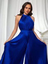 VIPGIRL Elegant Blue Halter Neck Pleated Jumpsuit,Flowing Wide-Leg Formal One-Piece Outfit, Prom Dresses For Women, Formal Evening Gown
